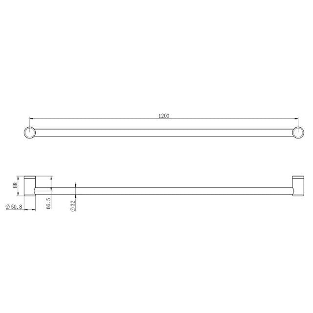 Technical Drawing Nero Mecca Care 32mm Grab Rail 1200mm Brushed Bronze NRCR3248BZ - The Blue Space