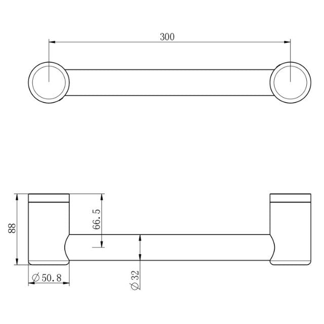 Technical Drawing Nero Mecca Care 32mm Grab Rail 300mm Brushed Bronze NRCR3212BZ - The Blue Space