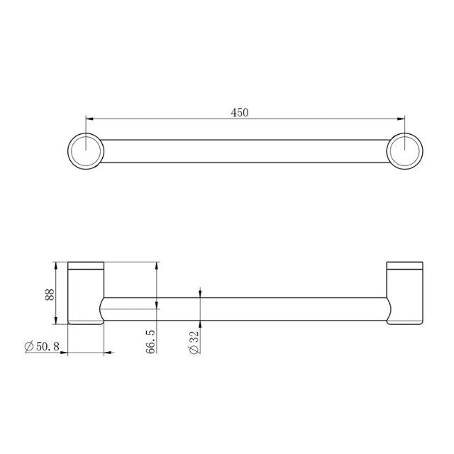 Technical Drawing Nero Mecca Care 32mm Grab Rail 450mm Brushed Gold NRCR3218BG - The Blue Space