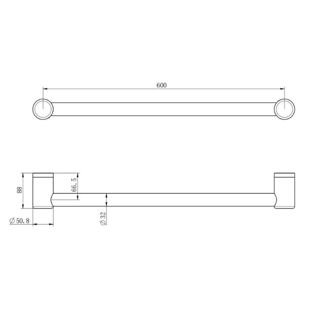 Technical Drawing Nero Mecca Care 32mm Grab Rail 600mm Brushed Gold NRCR3224BG - The Blue Space