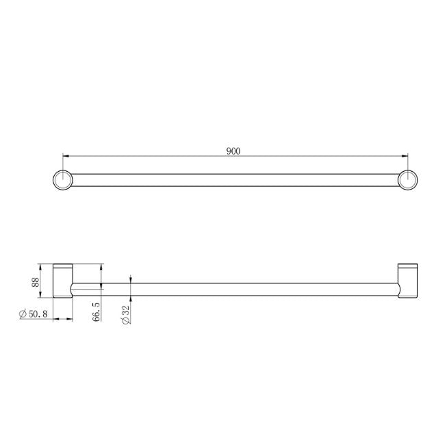 Technical Drawing Nero Mecca Care 32mm Grab Rail 900mm Brushed Bronze NRCR3230BZ - The Blue Space