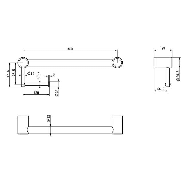 Technical Drawing Nero Mecca Care 32mm Grab Rail With Toilet Roll Holder 450mm Brushed Bronze NRCR3218ABZ - The Blue Space