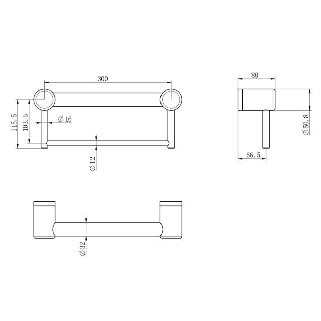 Technical Drawing Nero Mecca Care 32mm Grab Rail With Towel Holder 300mm Brushed Bronze NRCR3212BBZ - The Blue Space