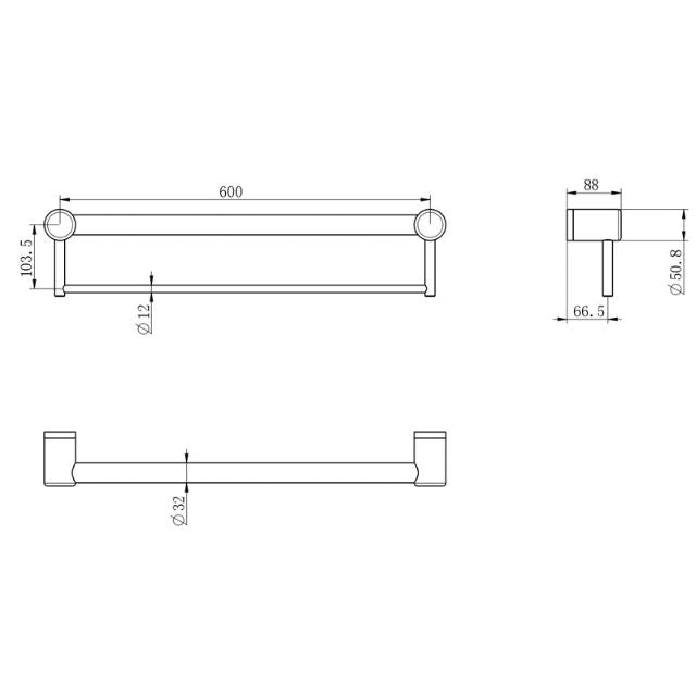 Technical Drawing Nero Mecca Care 32mm Grab Rail With Towel Holder 600mm Brushed Gold NRCR3224BBG - The Blue Space