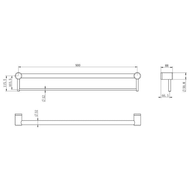 Technical Drawing Nero Mecca Care 32mm Grab Rail With Towel Holder 900mm Brushed Gold NRCR3230BBG - The Blue Space