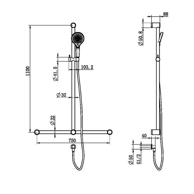 Technical Drawing Nero Mecca Care 32mm T Bar Grab Rail and Adjustable Shower Set 1100x750mm Brushed Bronze NRCS006BZ - The Blue Space