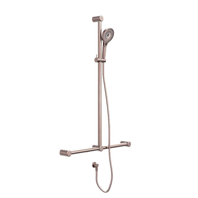 Nero Mecca Care 32mm T Bar Grab Rail and Adjustable Shower Set 1100x750mm Brushed Bronze NRCS006BZ - The Blue Space