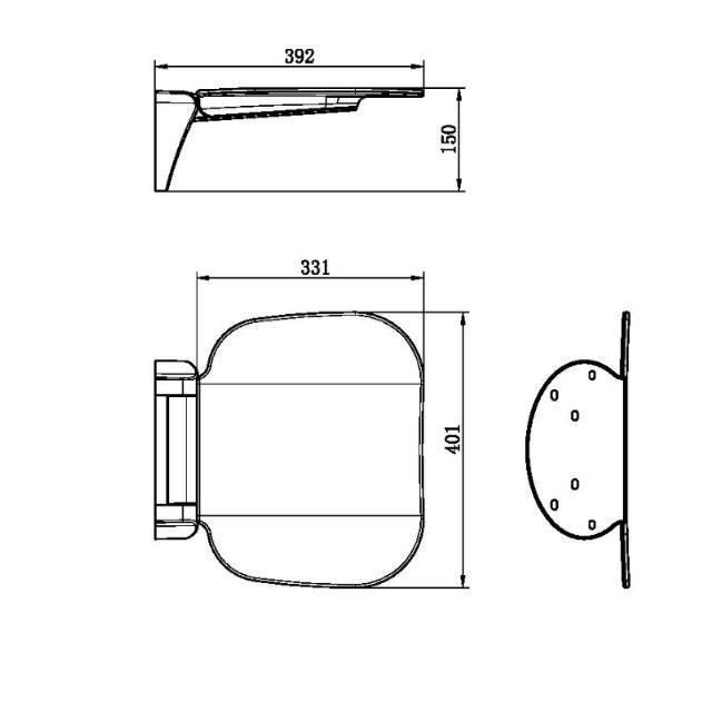 Technical Drawing Nero Mecca Care Shower Seat 400x330mm Brushed Bronze NRCR0003BZ - The Blue Space