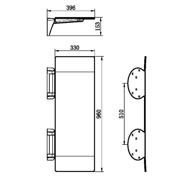 Technical Drawing Nero Mecca Care Shower Seat 960x330mm Brushed Gold NRCR0002BG - The Blue Space