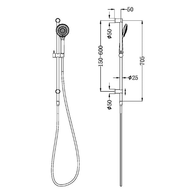 Technical Drawing Nero Mecca Rail Shower With Air Shower Brushed Nickel NR221905aBN - The Blue Space