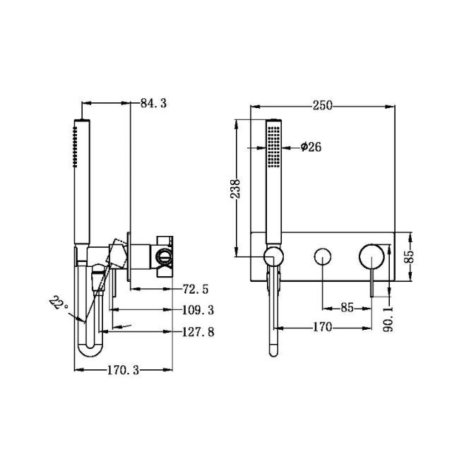 Technical Drawing Nero Mecca Shower Mixer Diverter System Brushed Nickel NR221912EBN - The Blue Space