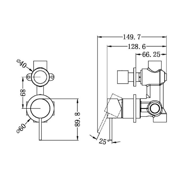 Technical Drawing Nero Mecca Shower Mixer With Diverter Separate Back Plate Matte White NR221911sMW - The Blue Space