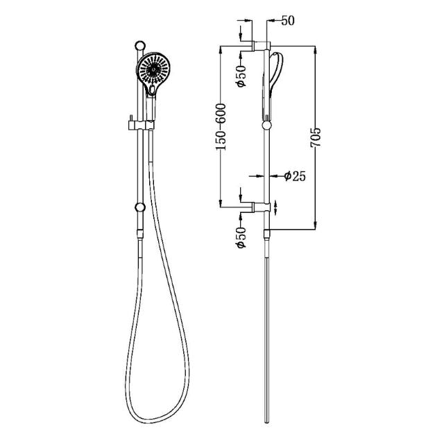 Technical Drawing Nero Mecca Shower Rail Gun Metal NR221905dGM - The Blue Space