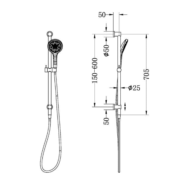 Technical Drawing Nero Mecca Shower Rail With Air Shower II Chrome - NR221905GCH - The Blue Space