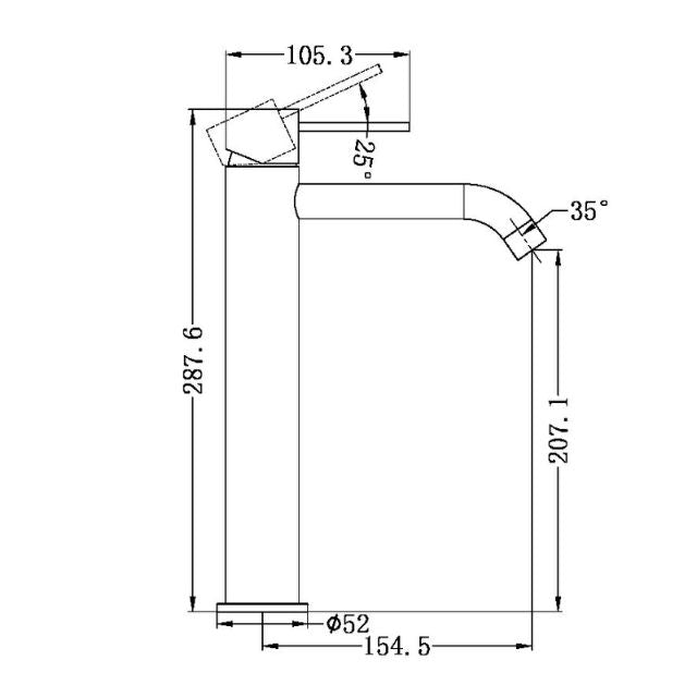 Technical Drawing Nero Mecca Tall Basin Mixer Brushed Bronze NR221901ABZ - The Blue Space