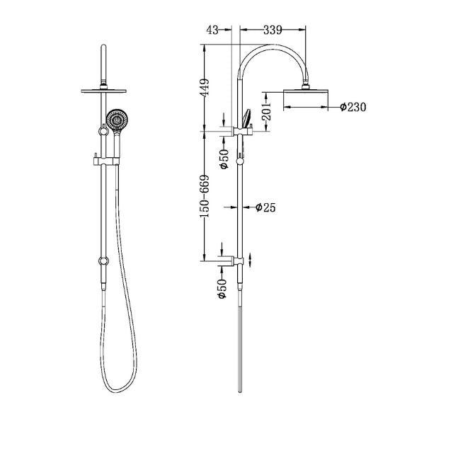 Technical Drawing Nero Mecca Twin Shower With Air Shower - Chome NR221905bCH - The Blue Space