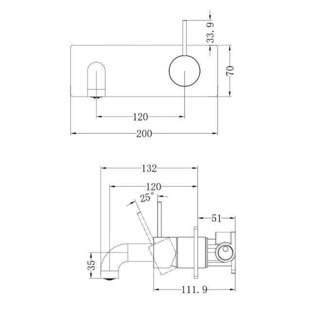 Technical Drawing Nero Mecca Wall Basin Mixer Handle Up 120mm Spout Chrome NR221910b120CH - The Blue Space