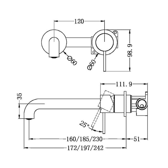 Technical Drawing Nero Mecca Wall Basin Mixer Sep BP 185mm Spout Chrome NR221907C185CH - The Blue Space