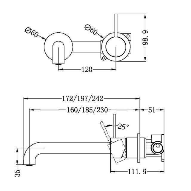 Technical Drawing Nero Mecca Wall Basin Mixer Sep BP Handle Up 185mm Sp Chrome NR221907D185CH - The Blue Space