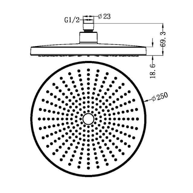 Technical Drawing Nero Opal 250mm Shower Head Chrome NR508079CH - The Blue Space