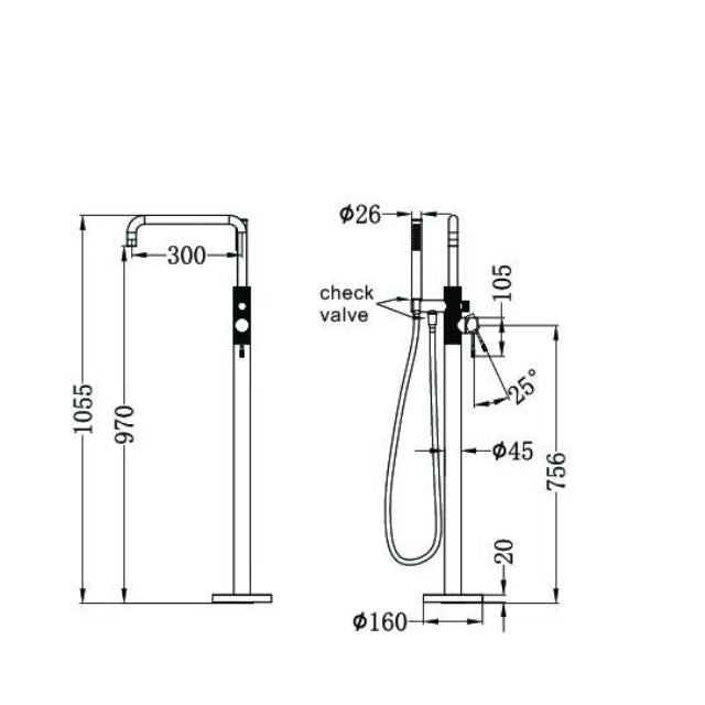 Technical Drawing Nero Opal Freestanding Bath Mixer With Hand Shower Brushed Gold NR251903ABG - The Blue Space