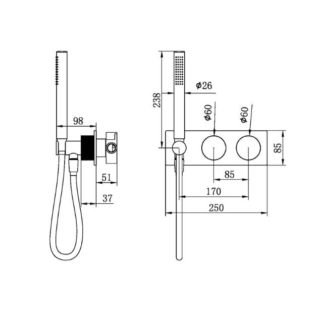 Technical Drawing Nero Opal Progressive Shower System Brushed Nickel NR252003CBN - The Blue Space