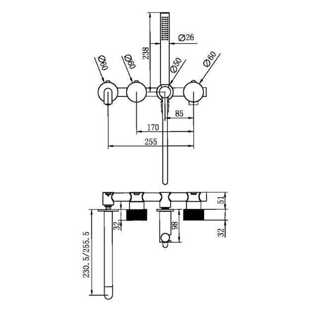 Technical Drawing Nero Opal Progressive Shower System Separate Plate With Spout 230mm Brushed Bronze NR252003B230BZ - The Blue Space