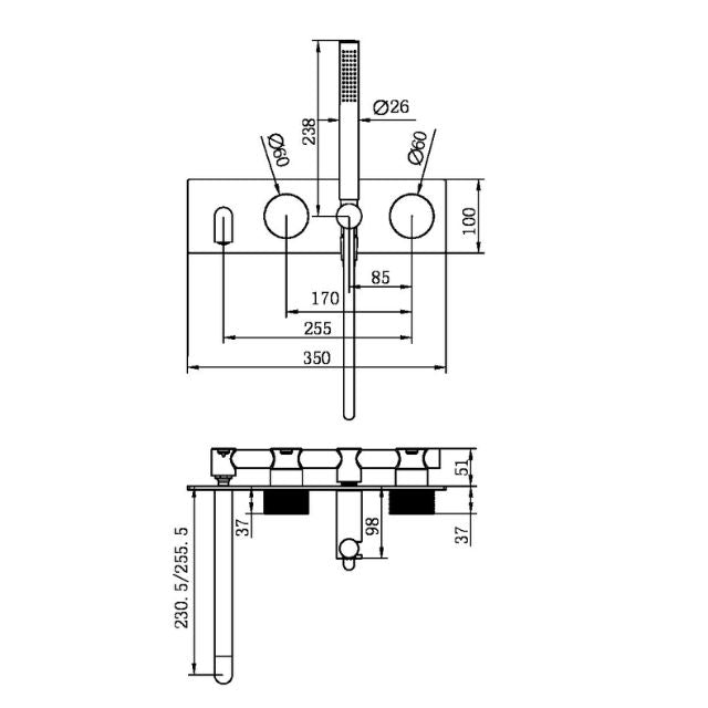 Technical Drawing Nero Opal Progressive Shower System With Spout 250mm Brushed Bronze NR252003A250BZ - The Blue Space