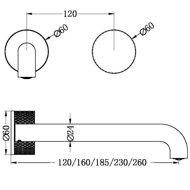 Technical Drawing Nero Opal Progressive Wall Basin/Bath Set 120mm Brushed Bronze NR252007A120BZ - The Blue Space