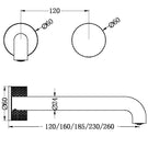 Technical Drawing Nero Opal Progressive Wall Basin/Bath Set 120mm Brushed Nickel NR252007A120BN - The Blue Space