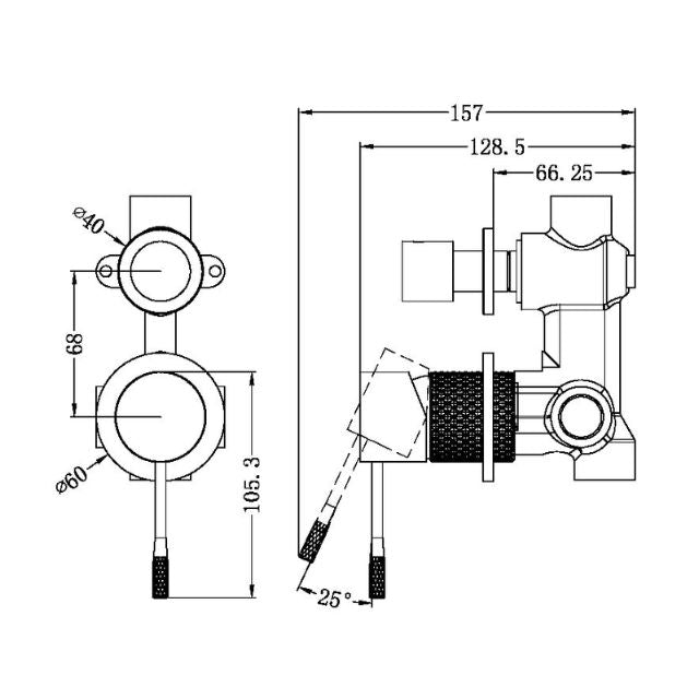 Technical Drawing Nero Opal Shower Mixer With Divertor Separate Plate Brushed Bronze NR251909eBZ - The Blue Space