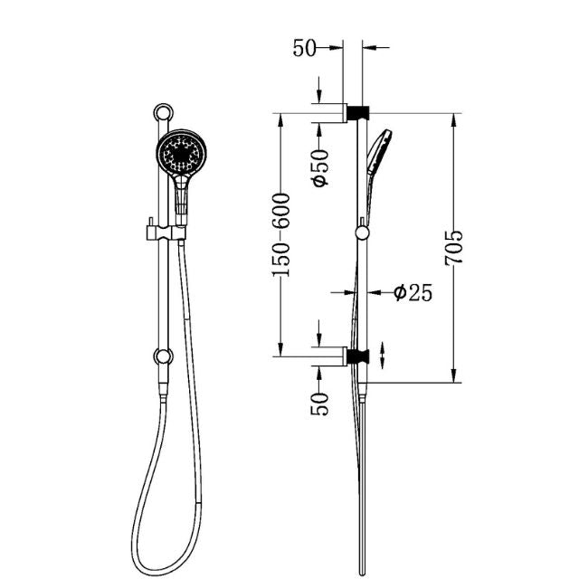 Technical Drawing Nero Opal Shower Rail With Air Shower II Brushed Bronze NR251905GBZ - The Blue Space