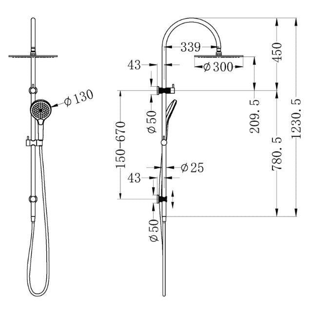 Technical Drawing Nero Opal Twin Shower With Air Shower II Brushed Gold NR251905HBG - The Blue Space