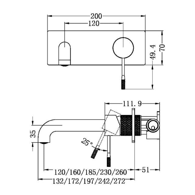 Technical Drawing Nero Opal Wall Basin/Bath Mixer 120mm Brushed Gold NR251907A120BG - The Blue Space