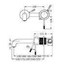 Technical Drawing Nero Opal Wall Basin/Bath Mixer Separate Back Plate 120mm Brushed Bronze NR251907B120BZ - The Blue Space