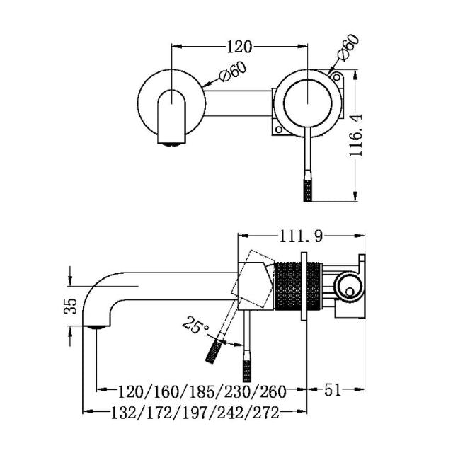 Technical Drawing Nero Opal Wall Basin/Bath Mixer Separate Back Plate 120mm Brushed Bronze NR251907B120BZ - The Blue Space