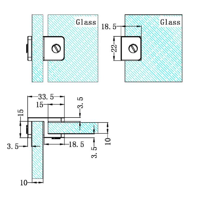 Technical Drawing Nero Over Panel Glass to Glass Fitting 10mm Brushed Bronze NRSH201aBZ - The Blue Space