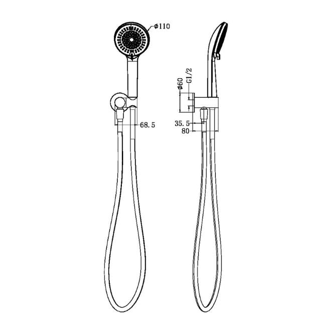 Technical Drawing Nero Project Round Shower on Bracket 4 Star Rating Brushed Nickel NR320BN - The Blue Space