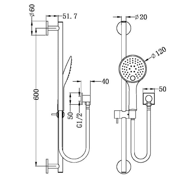 Technical Drawing Nero Rail Shower Chrome NR310CH - The Blue Space