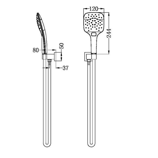 Technical Drawing Nero Rain Square 3 Function Rail Shower Bracket Chrome NR306CH - The Blue Space