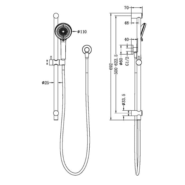 Technical Drawing Nero Round Metal Project Rail Shower Brushed Gold NR318BG - The Blue Space