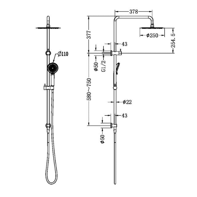 Technical Drawing Nero Round Project Twin Shower 4 Star Rating Brushed Nickel NR232105fBN - The Blue Space