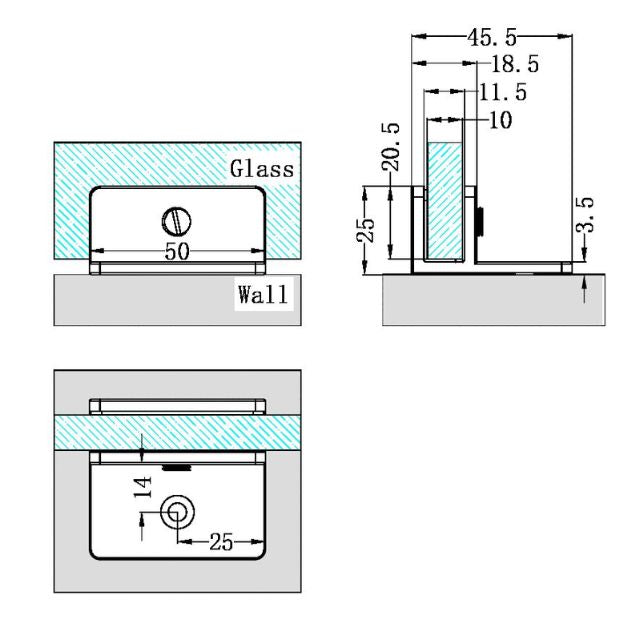 Technical Drawing Nero Shower F-Shaped Bracket 10mm Glass Brushed Gold NRSH202aBG - The Blue Space