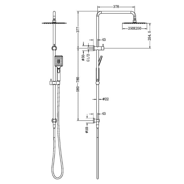 Technical Drawing Nero Square Project Twin Shower Brushed Gold NR232105EBG - The Blue Space