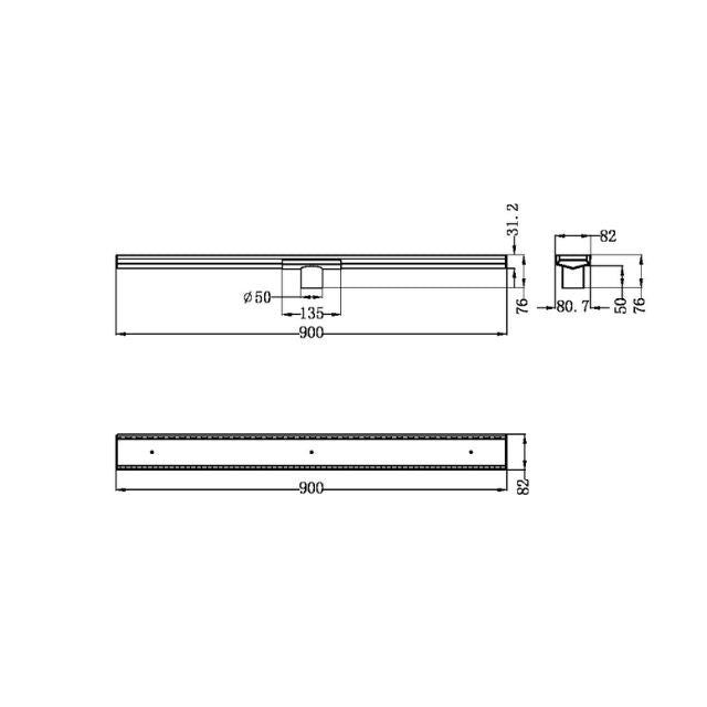 Technical Drawing Nero Tile Insert V Channel Floor Grate 50mm Outlet With Hole Saw Matte Black NRFG002HSMB - The Blue Space