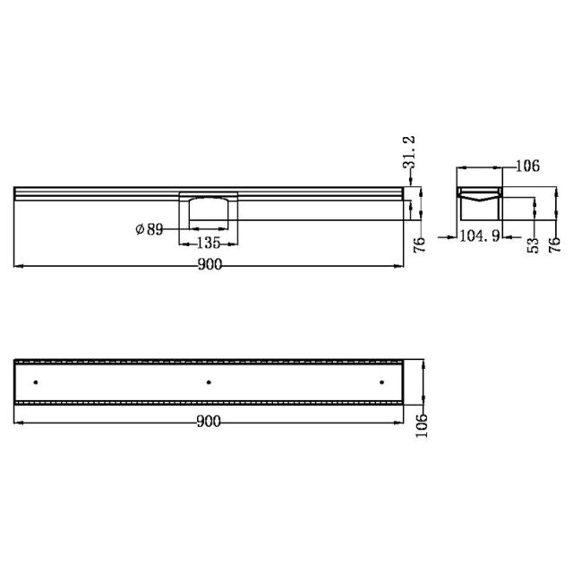 Technical Drawing Nero Tile Insert V Channel Floor Grate 89mm Outlet With Hole Saw Brushed Bronze NRFG001HSBZ - The Blue Space