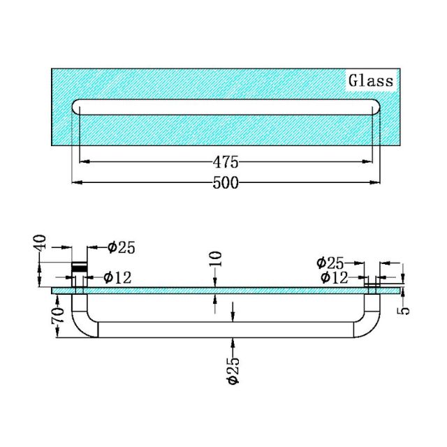 Technical Drawing Nero Shower Towel Bar 500mm Brushed Nickel NRSH303aBN - The Blue Space