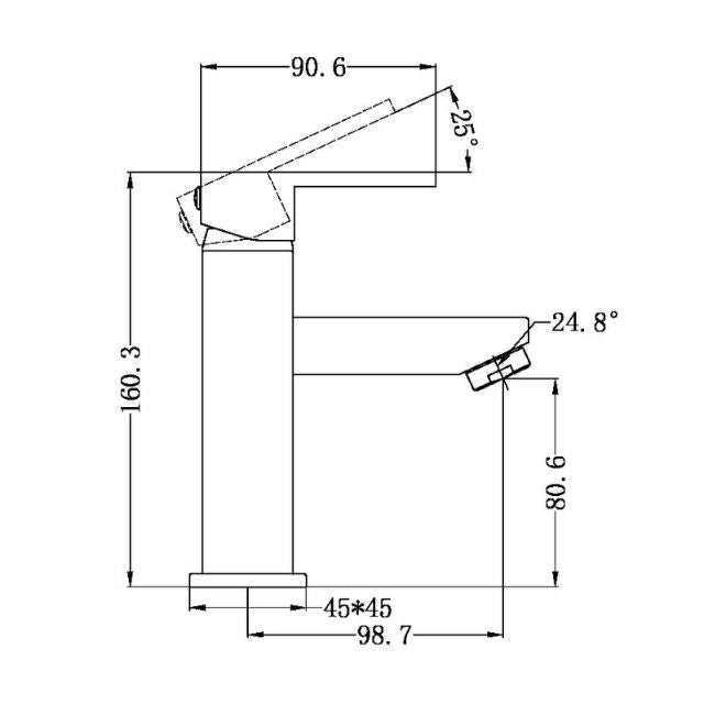 Technical Drawing Nero Vibe Square Basin Mixer Chrome NR200701CH - The Blue Space