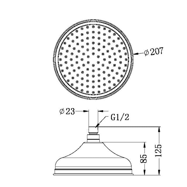 Technical Drawing Nero York 200mm Shower Head Chrome NR508094CH - The Blue Space