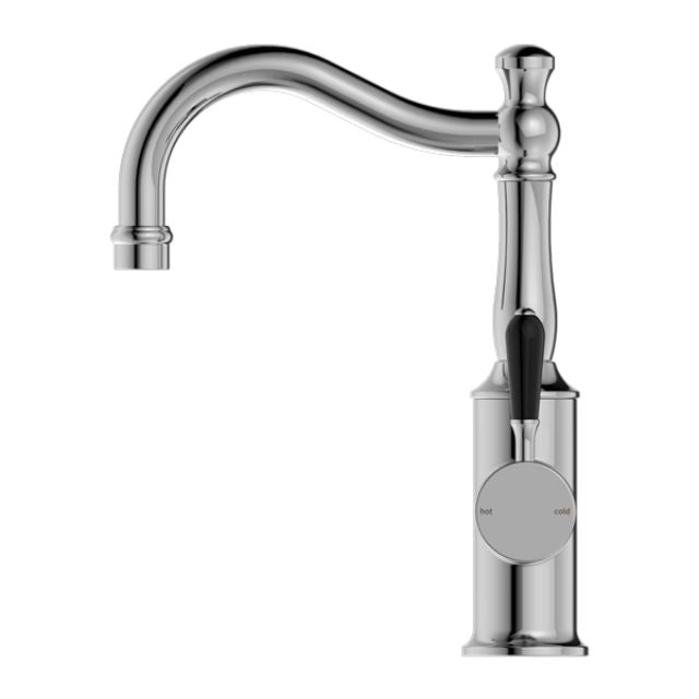 Buy Online Nero York Basin Mixer Hook Spout With Black Porcelain Lever Chrome NR69210203CH - The Blue Space